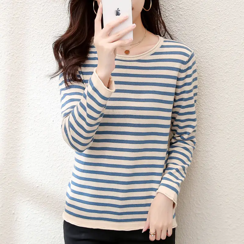 Women Striped Cotton Long Sleeve Sweater Blue White - Image 2