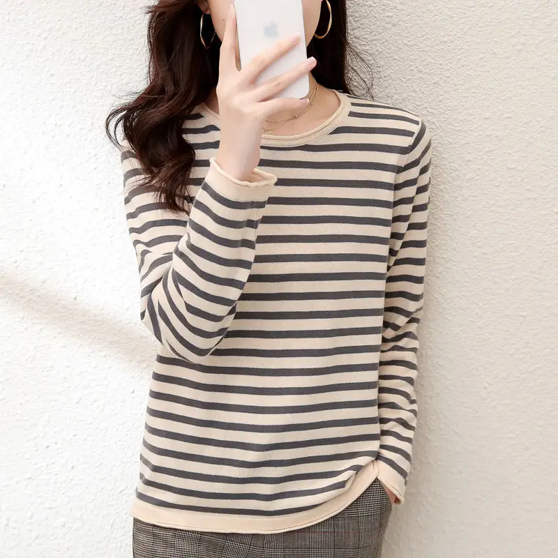 Women Striped Cotton Long Sleeve Sweater Blue White - Image 5