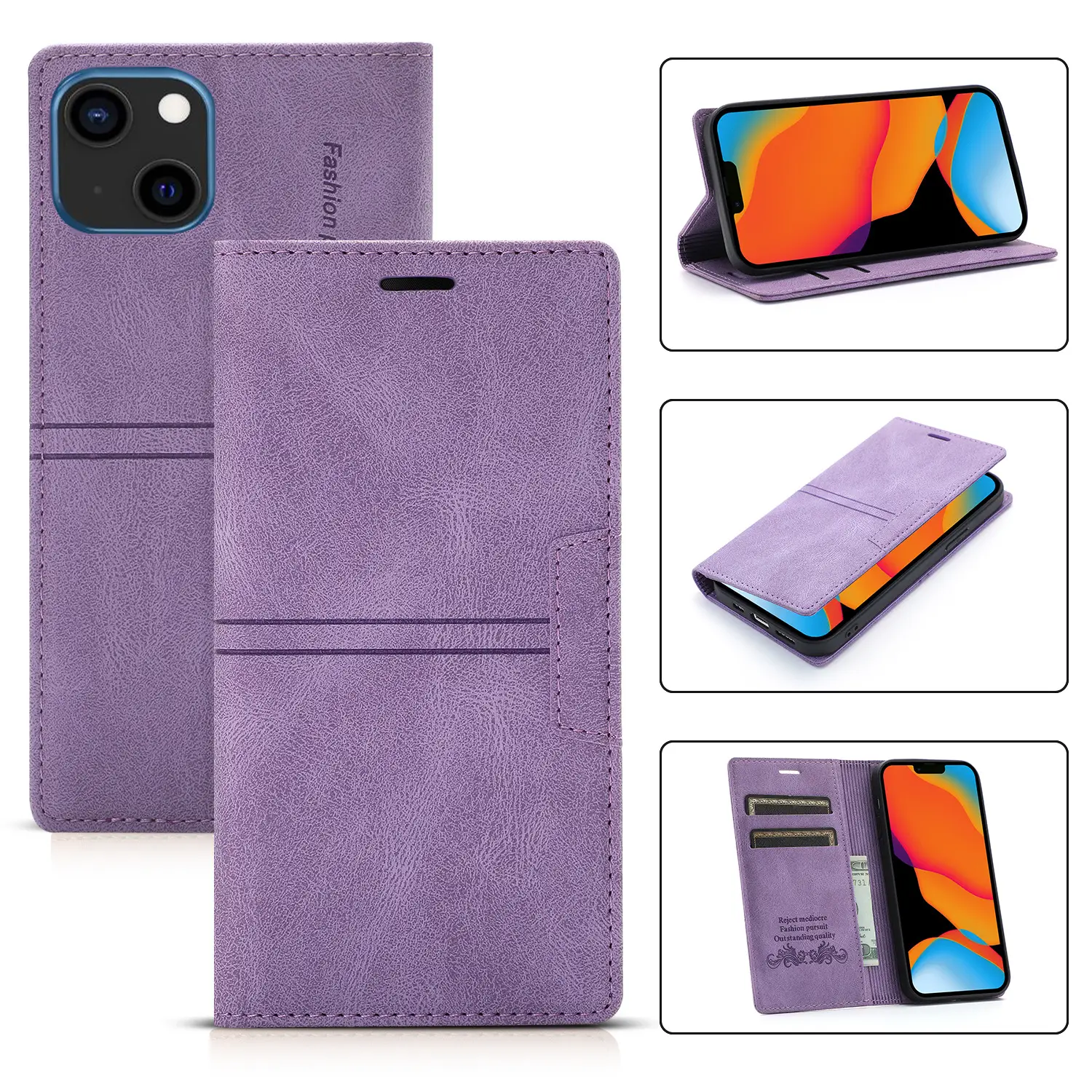 Purple Leather iPhone14 Mobile Phone Wallet Case - Image 8