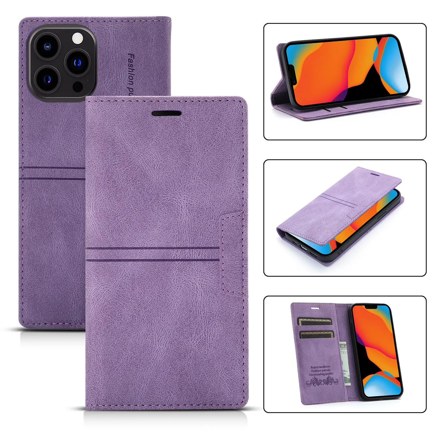 Purple Leather iPhone14 Mobile Phone Wallet Case - Image 3