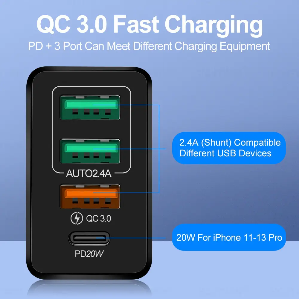 4A USB PD20W Multi-Port Charging Head for iPhone 11-13 Pro