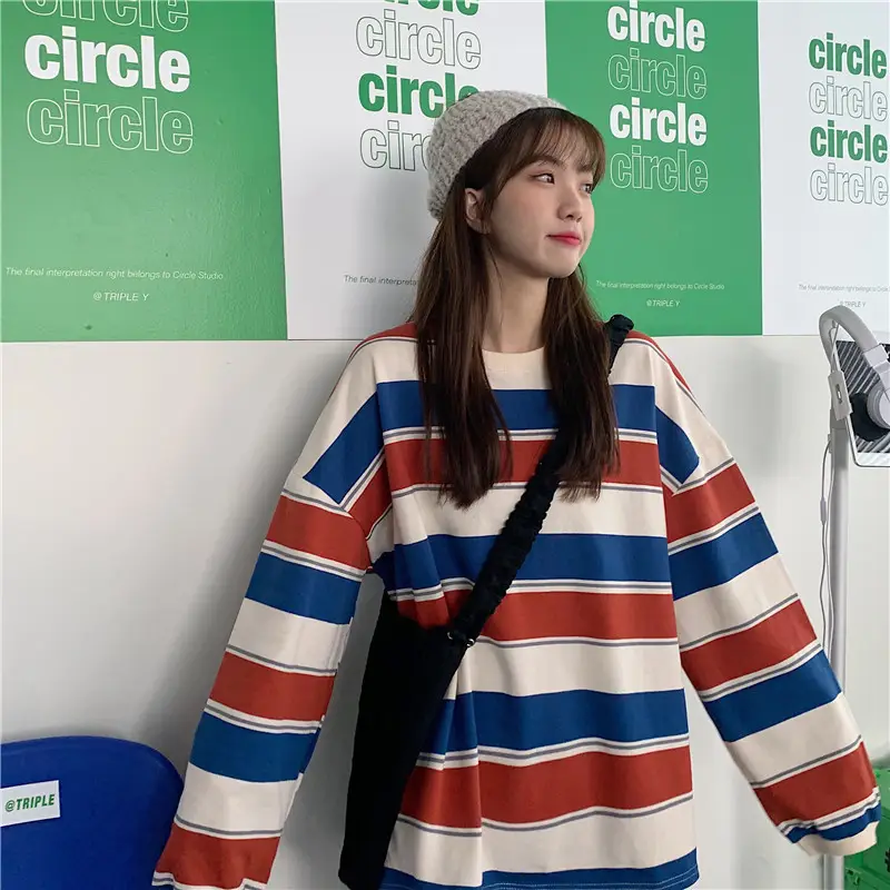 Women Cotton Striped Pullover Sweatshirt Long Sleeve - Image 6