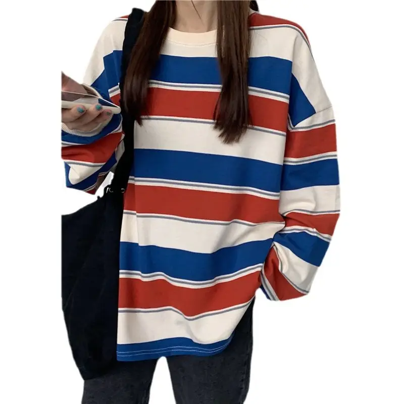 Women Cotton Striped Pullover Sweatshirt Long Sleeve - Image 7