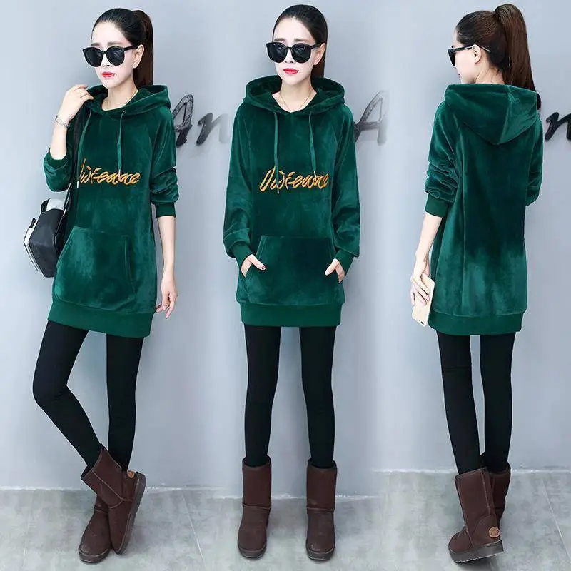 Women Red Fleece Hooded Hoodie Mid-Length - Image 4