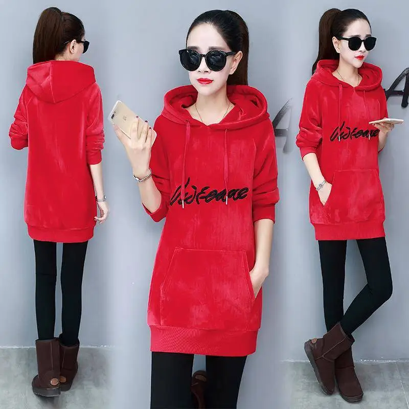 Women Red Fleece Hooded Hoodie Mid-Length - Image 5