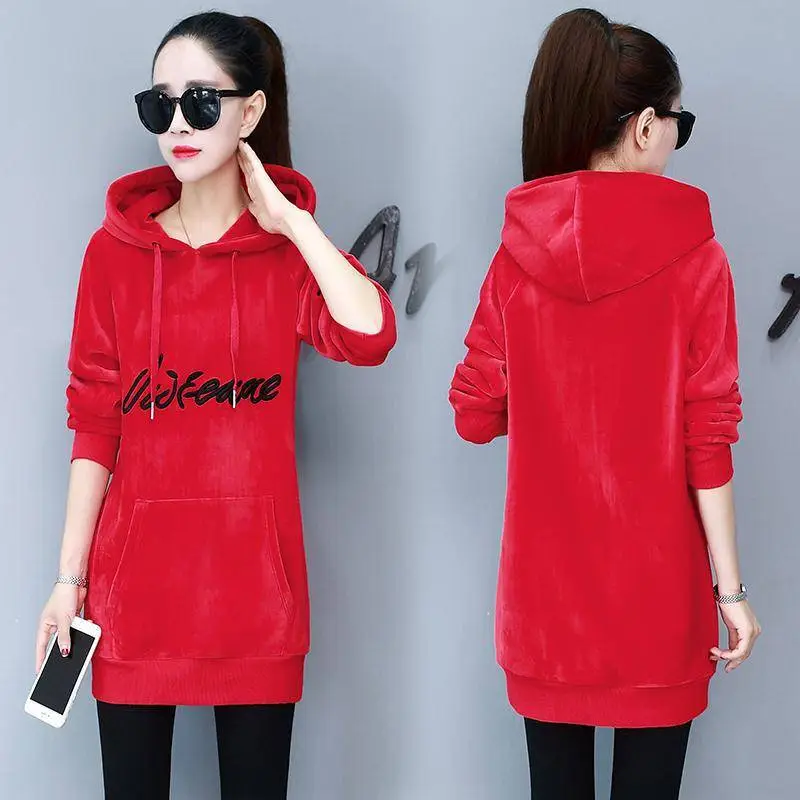 Women Red Fleece Hooded Hoodie Mid-Length - Image 6