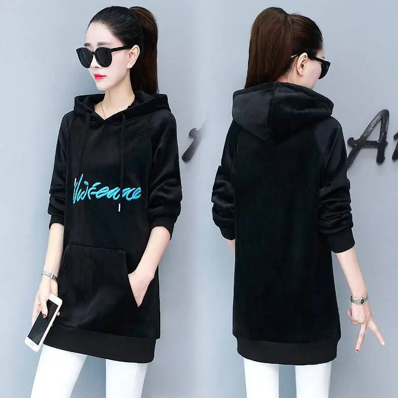 Women Red Fleece Hooded Hoodie Mid-Length - Image 7