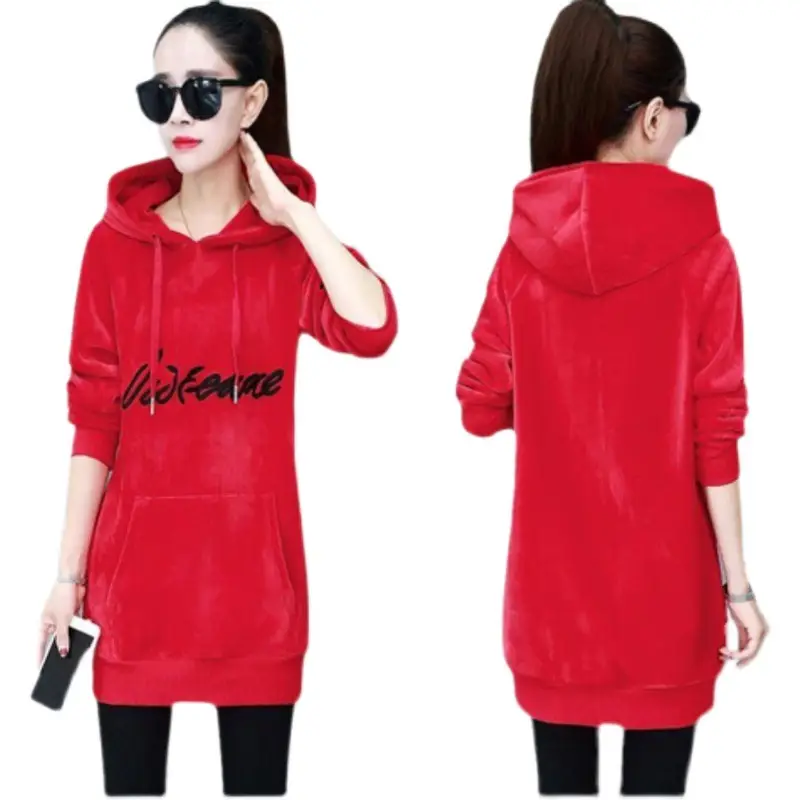Women Red Fleece Hooded Hoodie Mid-Length - Image 8