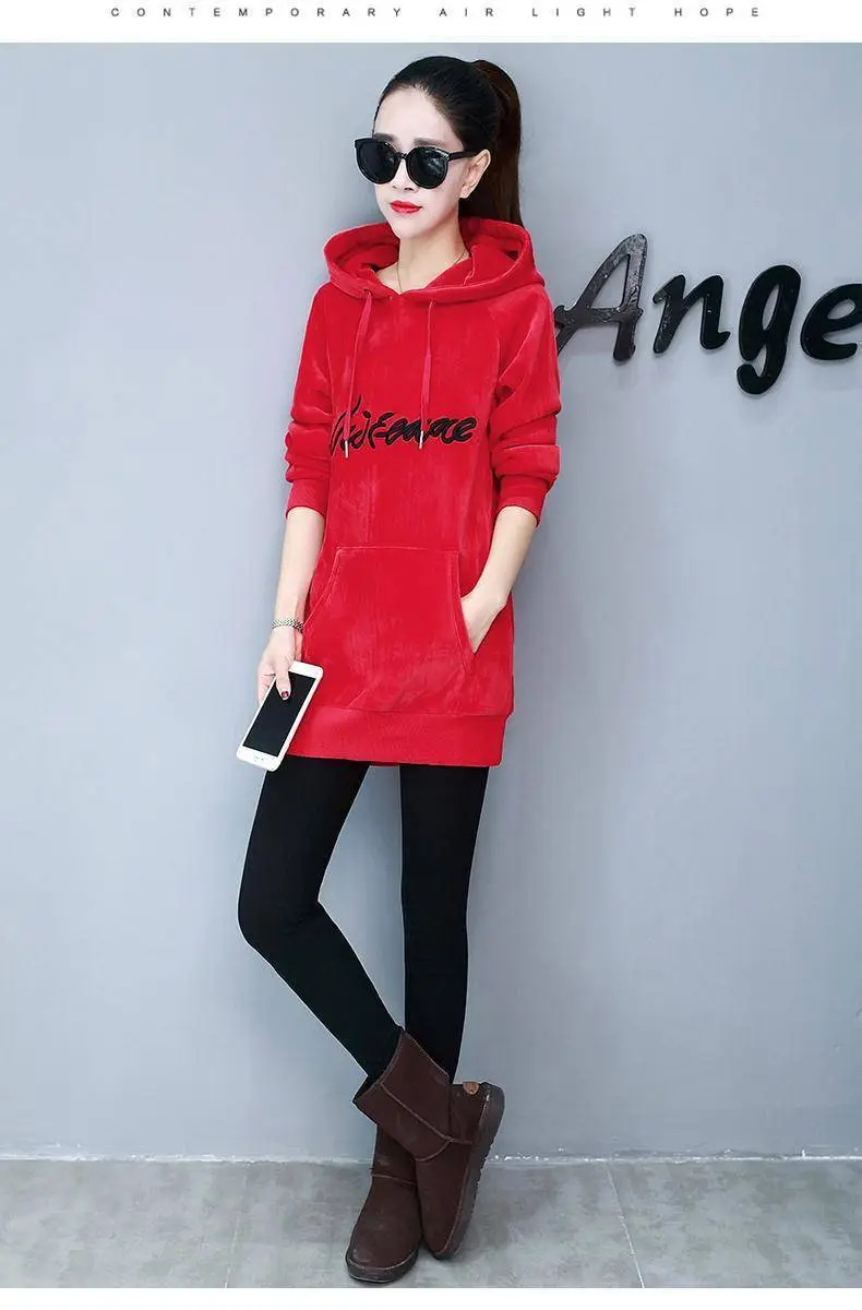 Women Red Fleece Hooded Hoodie Mid-Length — feature 5
