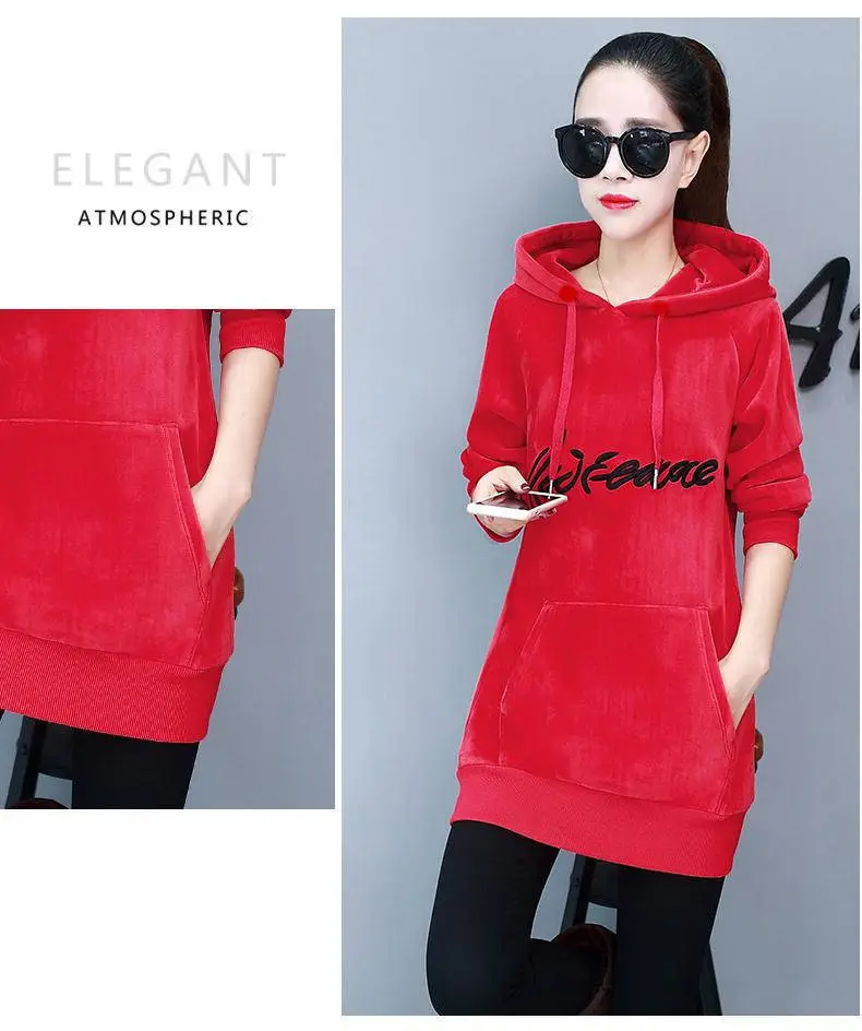 Women Red Fleece Hooded Hoodie Mid-Length — feature 6