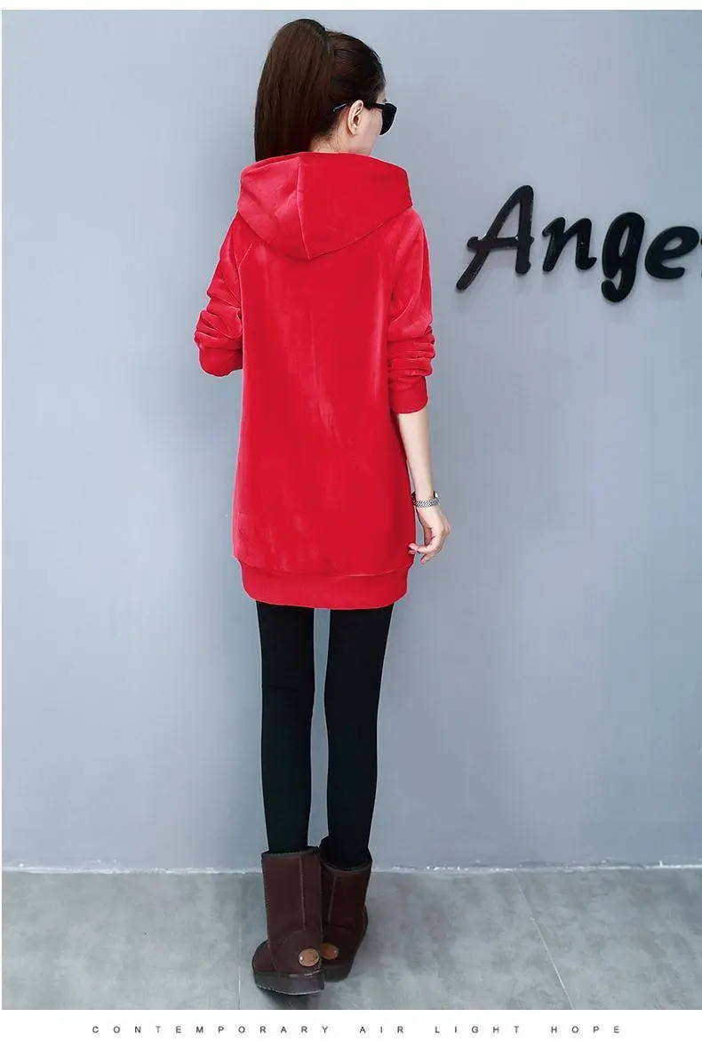 Women Red Fleece Hooded Hoodie Mid-Length — feature 7