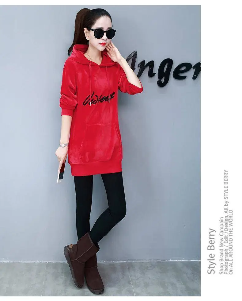Women Red Fleece Hooded Hoodie Mid-Length — feature 8