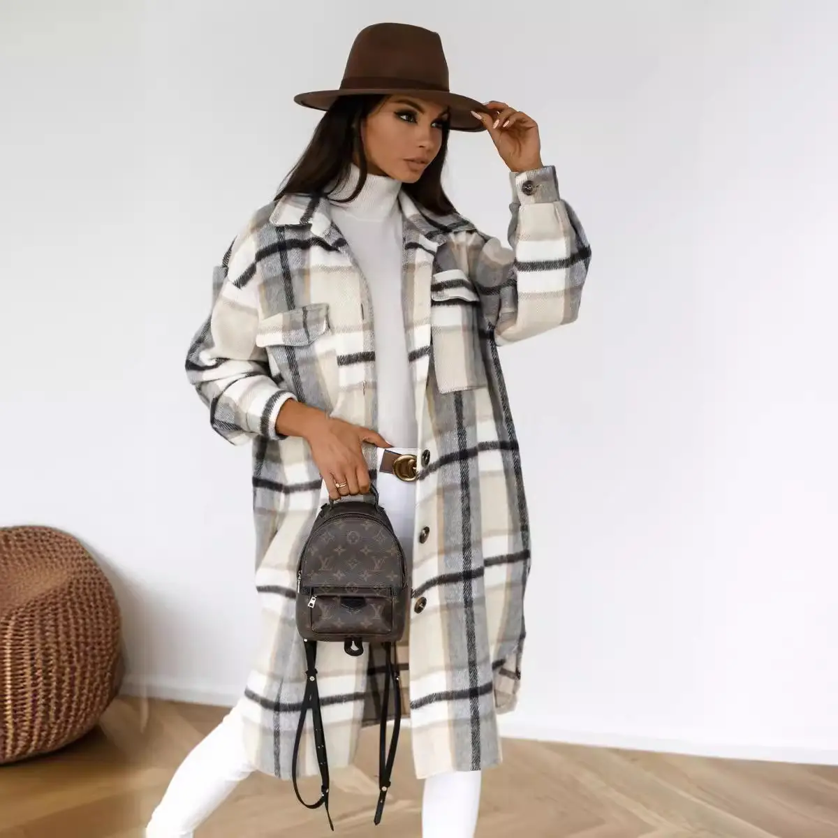 2025 Plaid Long Sleeve Jacket Brown Beige Black - Image 5