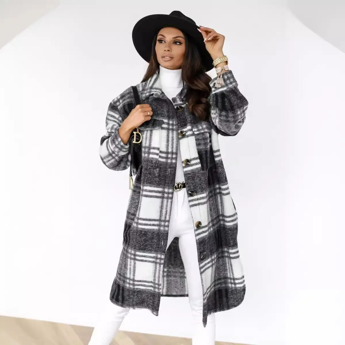 2025 Plaid Long Sleeve Jacket Brown Beige Black - Image 6