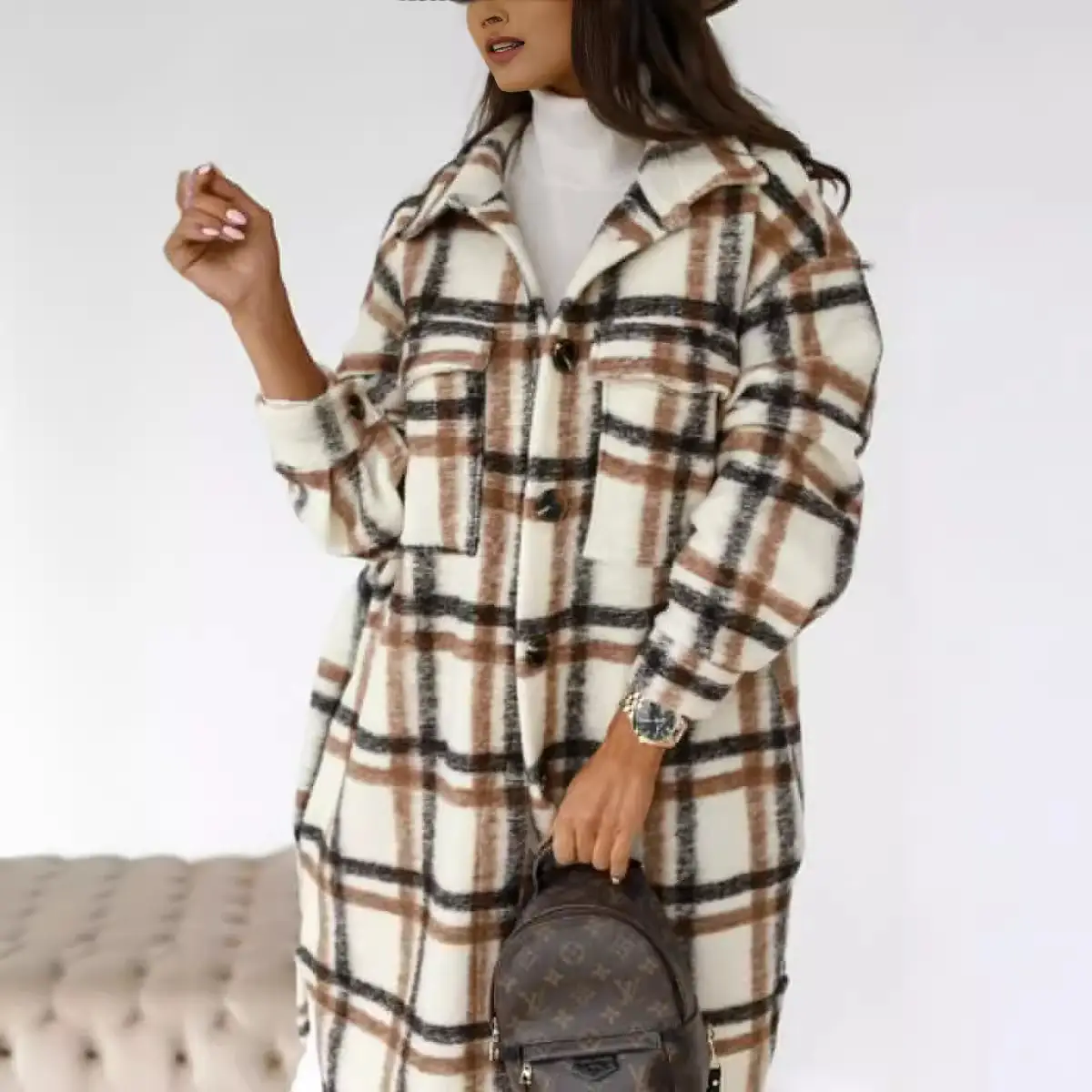 2025 Plaid Long Sleeve Jacket Brown Beige Black - Image 7