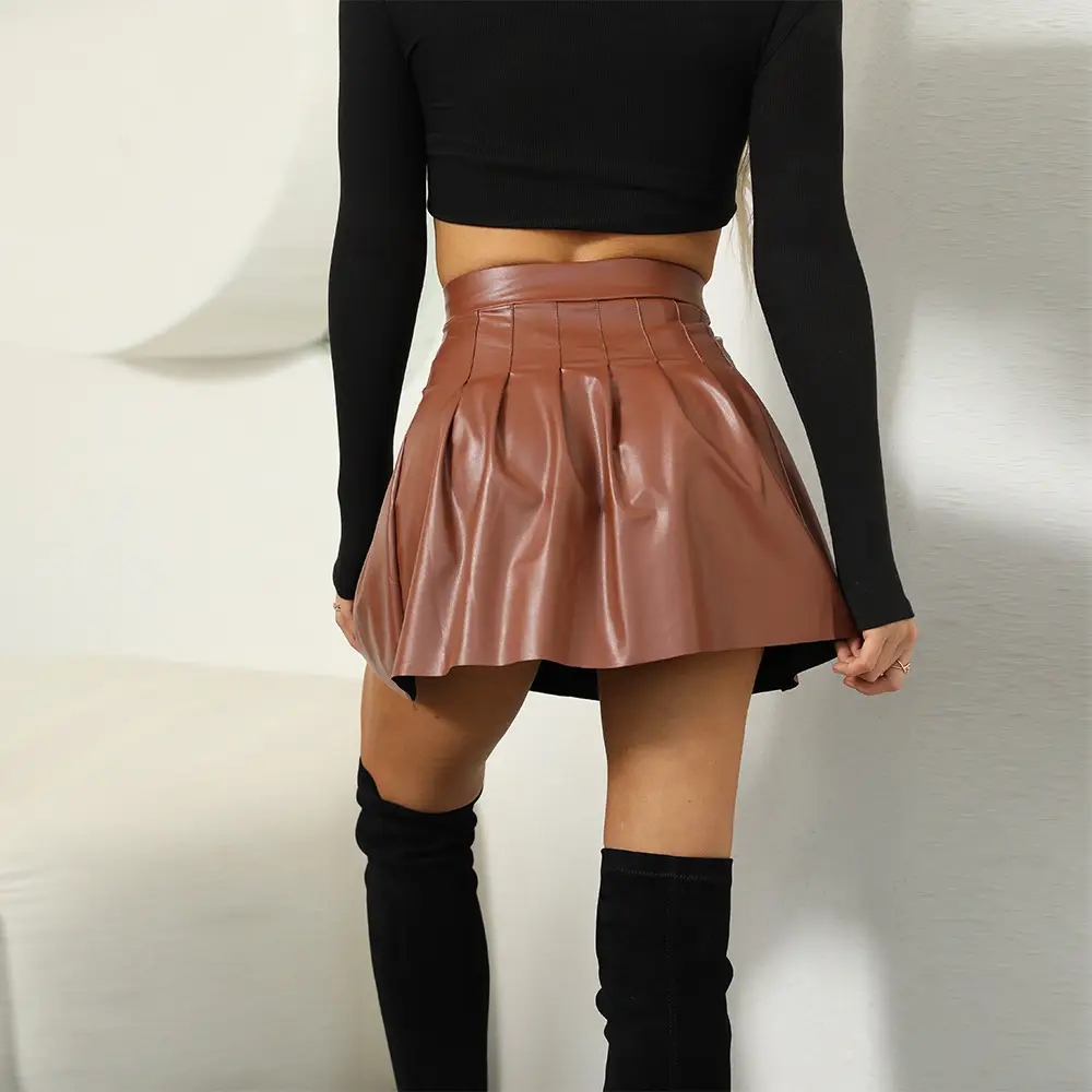 Women's PU Leather Pleated Skirt Black Top Over Knee Boots - Image 8
