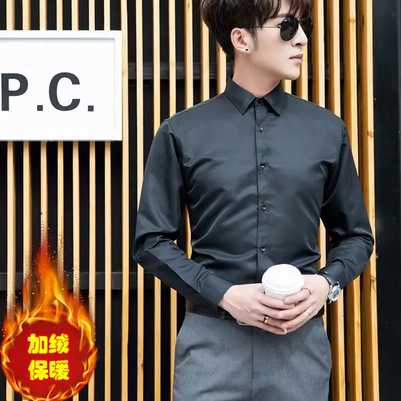 Warm Men's Fleece Lined Slim Fit Shirt Black Tie - Image 7