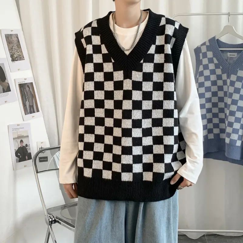 Checkerboard Knit Vest V-Neck Sleeveless Boys Spring Fall - Image 5