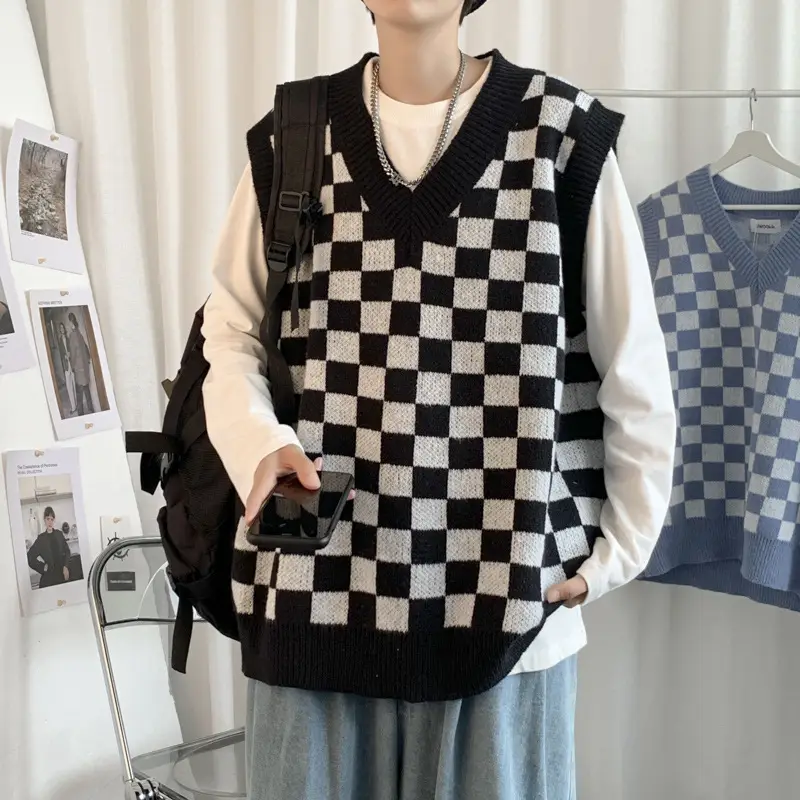 Checkerboard Knit Vest V-Neck Sleeveless Boys Spring Fall - Image 6