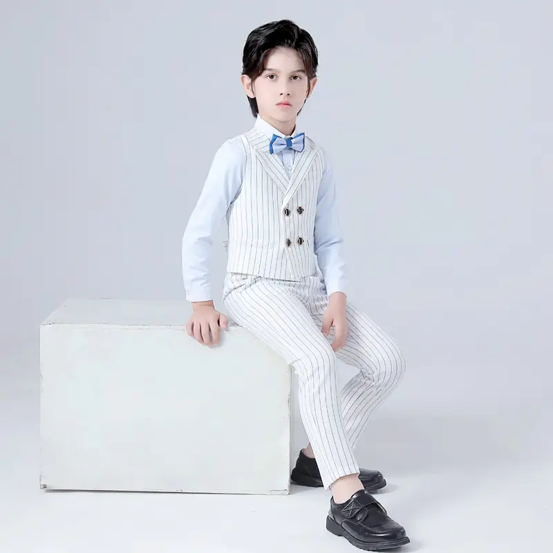 Kids Korean Style White Striped Vest Set for Boys - Image 5