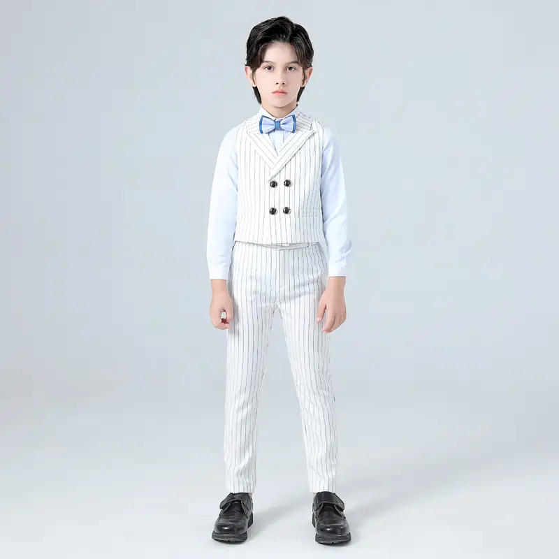 Kids Korean Style White Striped Vest Set for Boys - Image 6