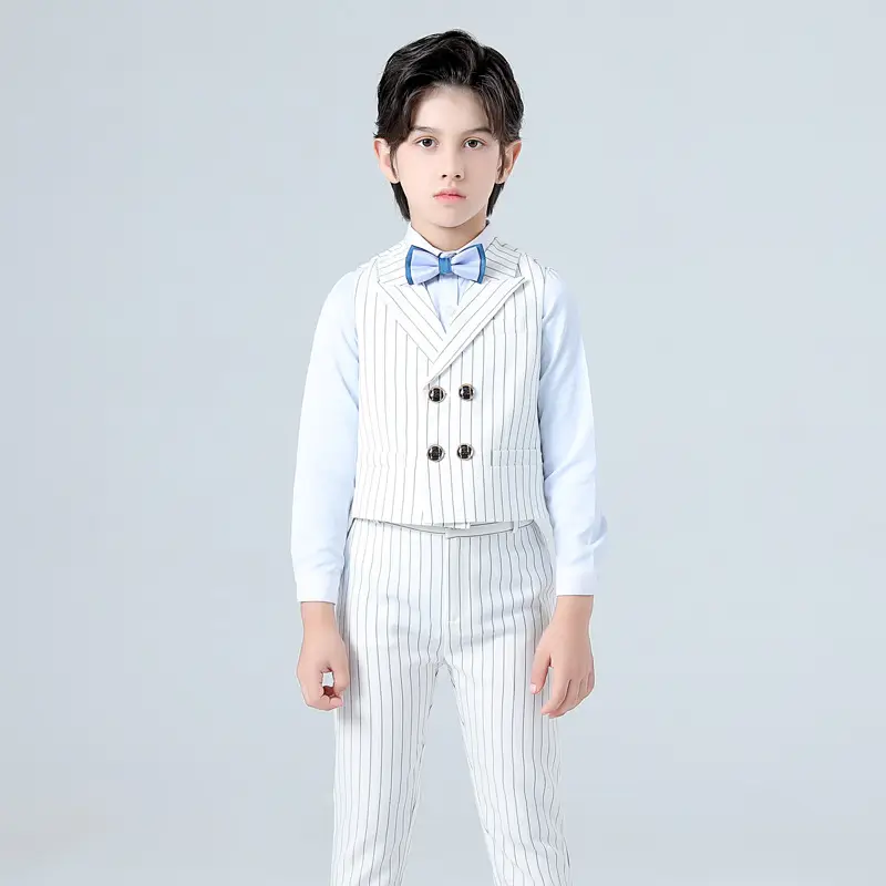 Kids Korean Style White Striped Vest Set for Boys - Image 7