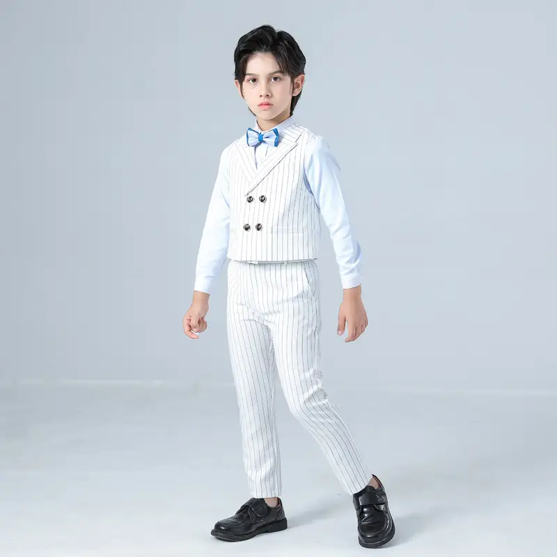 Kids Korean Style White Striped Vest Set for Boys - Image 8