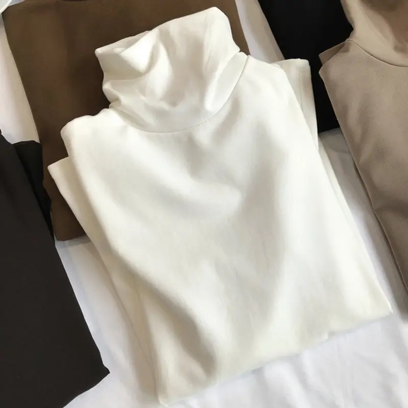 Women Korean Style Velvet Turtleneck Shirt Beige - Image 10