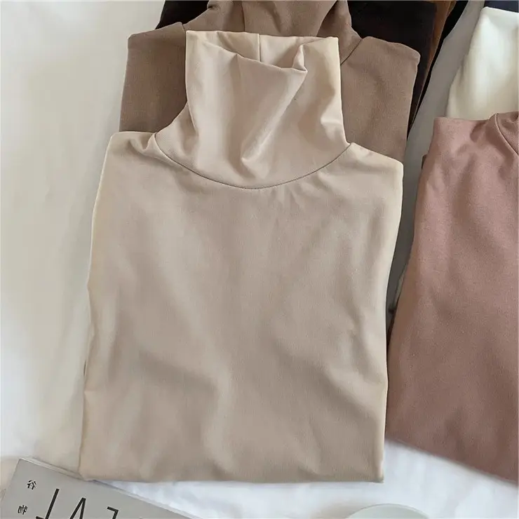 Women Korean Style Velvet Turtleneck Shirt Beige - Image 11