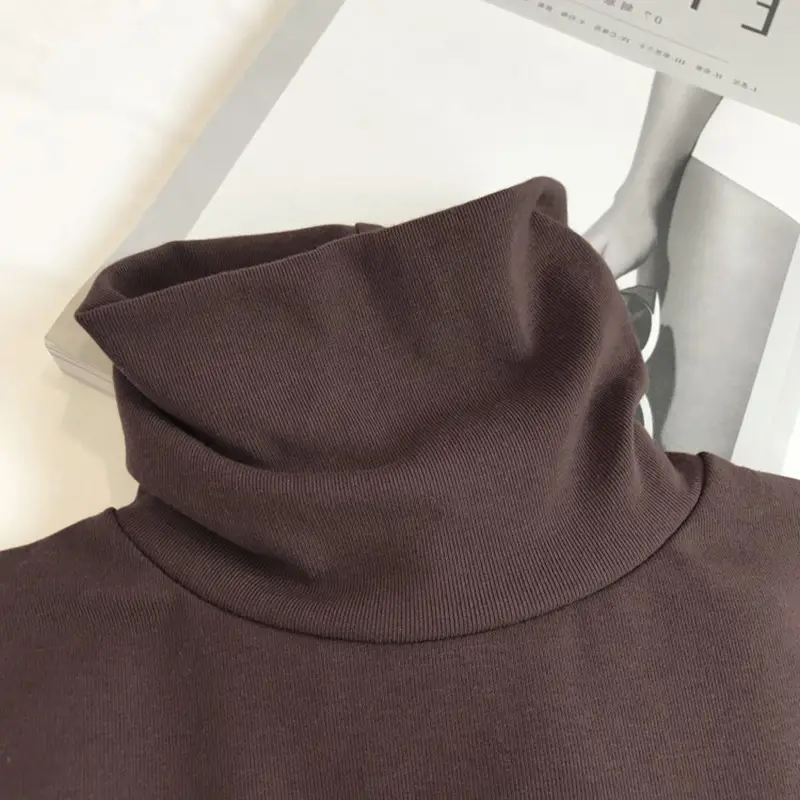 Women Korean Style Velvet Turtleneck Shirt Beige - Image 12