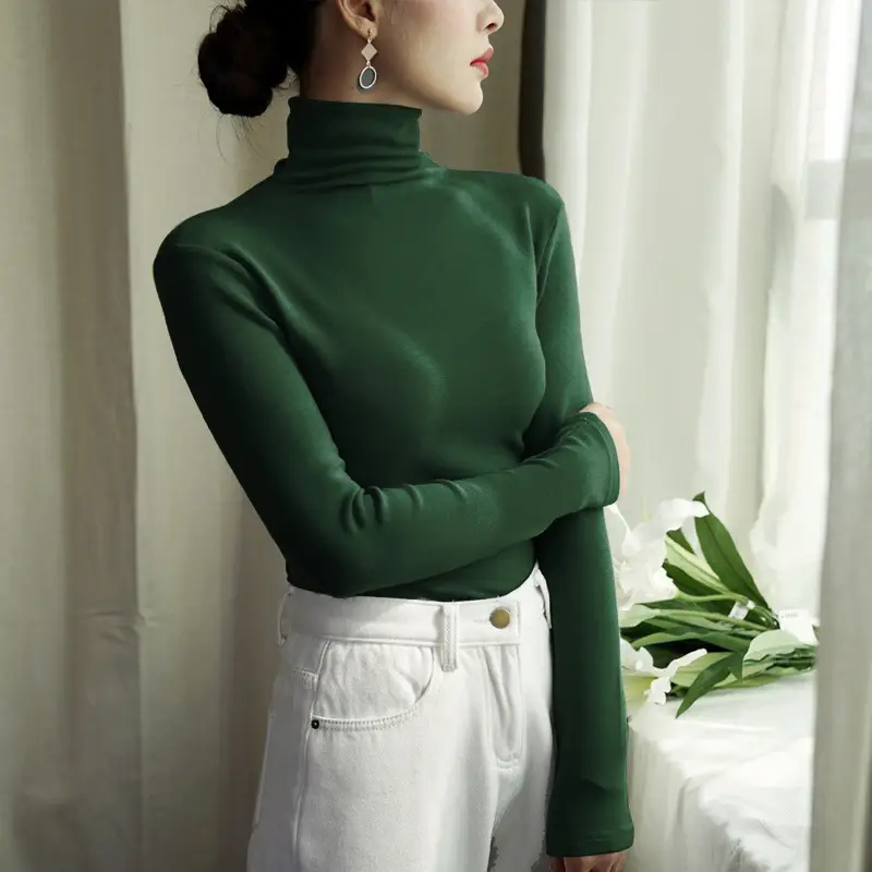 Women Korean Style Velvet Turtleneck Shirt Beige - Image 2