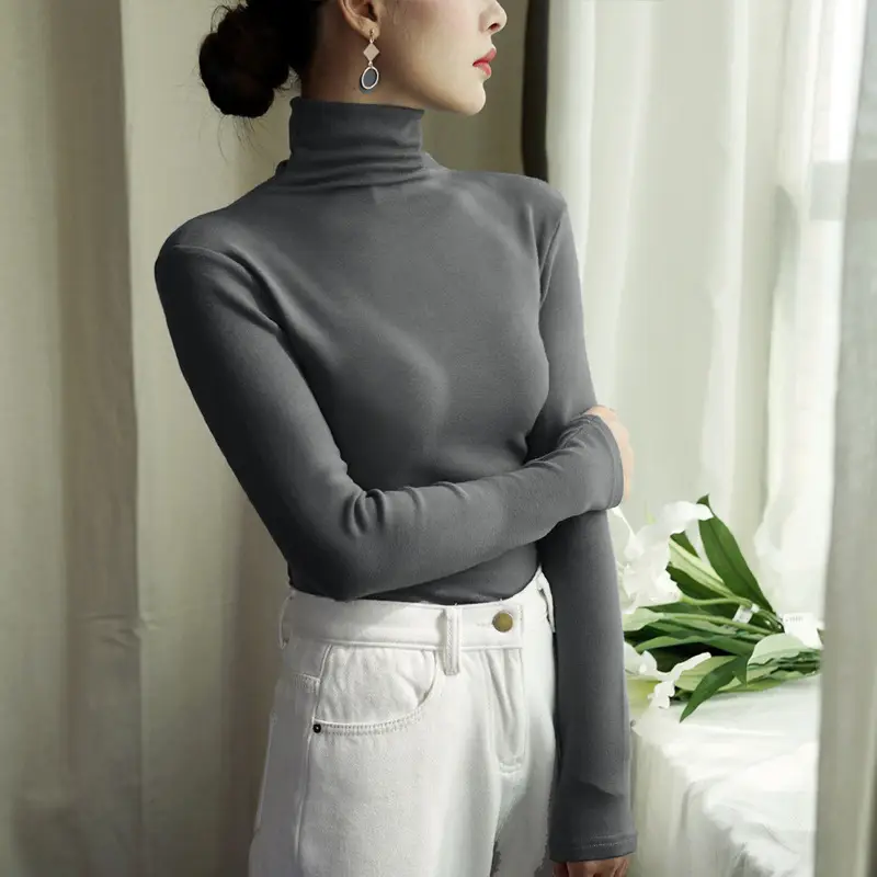 Women Korean Style Velvet Turtleneck Shirt Beige - Image 3