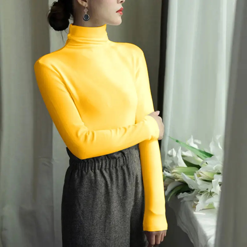 Women Korean Style Velvet Turtleneck Shirt Beige - Image 4