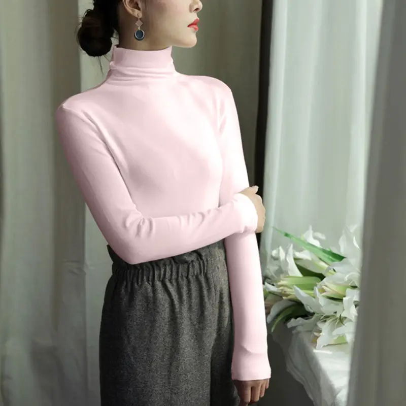 Women Korean Style Velvet Turtleneck Shirt Beige - Image 5