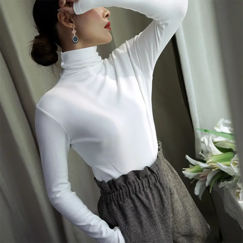 Women Korean Style Velvet Turtleneck Shirt Beige - Image 6
