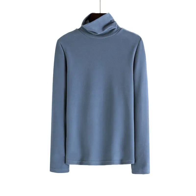 Women Korean Style Velvet Turtleneck Shirt Beige - Image 7