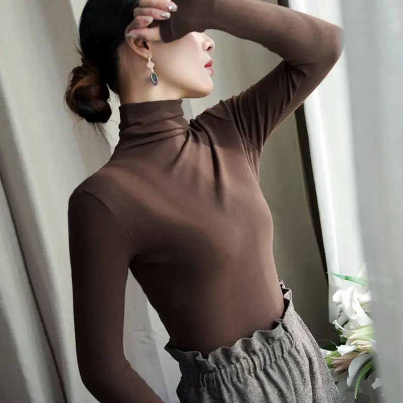 Women Korean Style Velvet Turtleneck Shirt Beige - Image 8