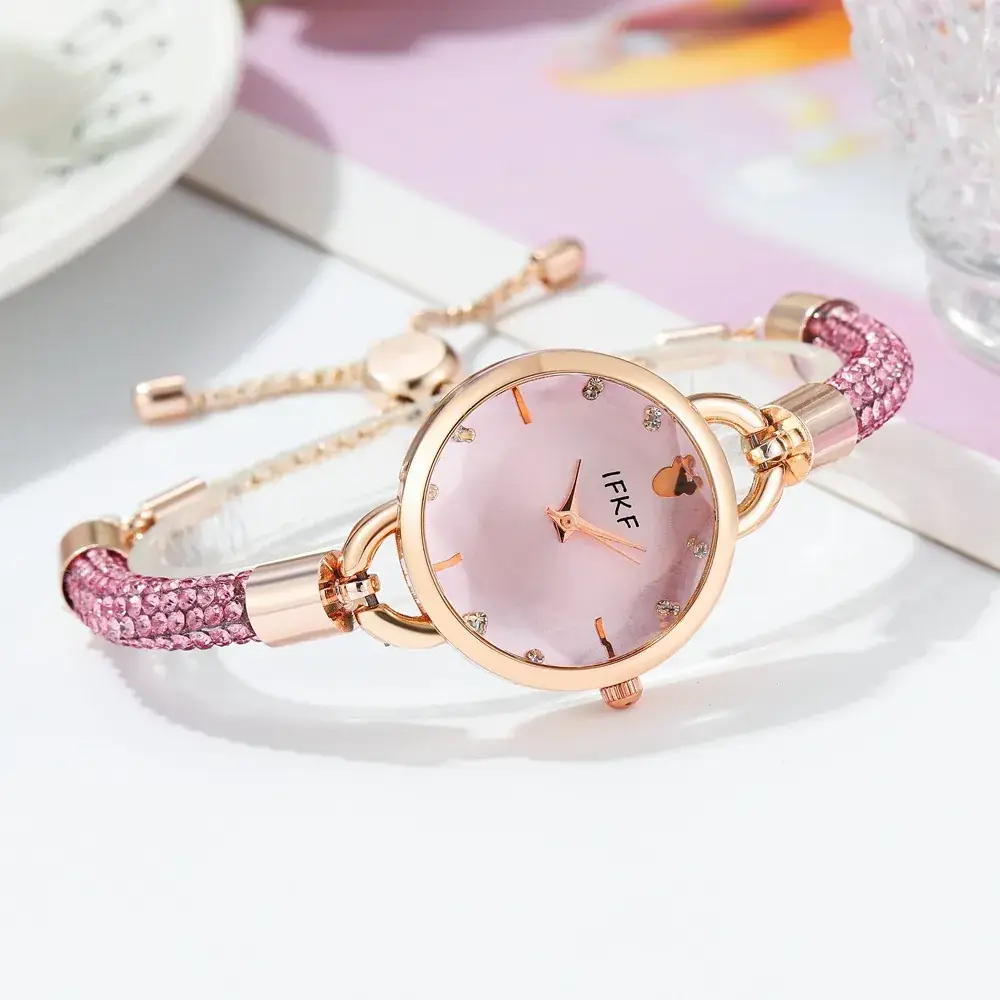 Women's Pink Diamond Leather Watch with Rose Gold Dial - Image 15