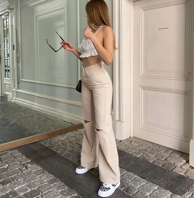 Wide Leg Pants with Hole Knees Pure Color High Waist
