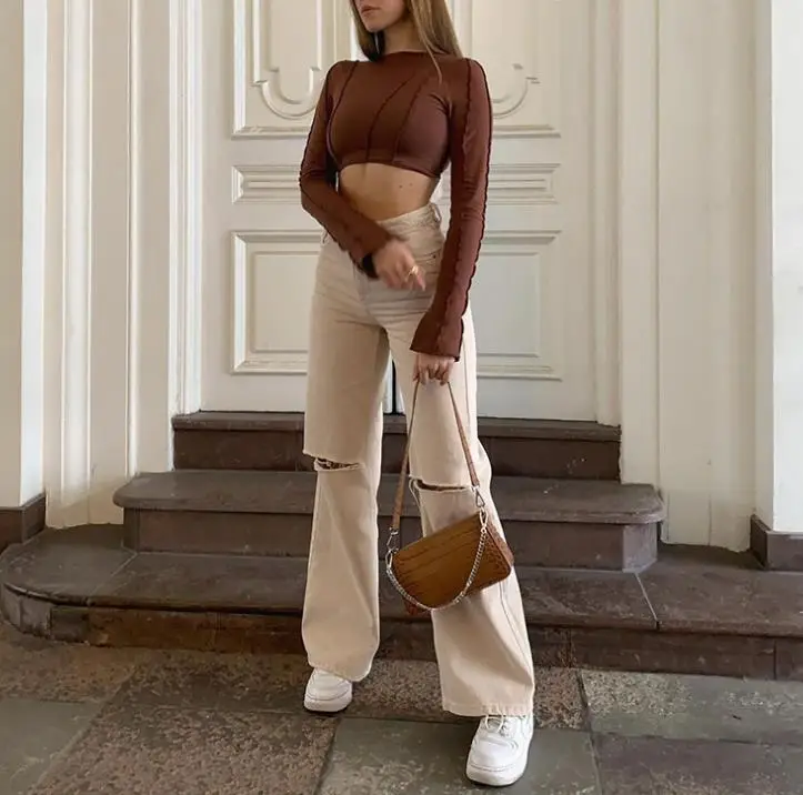 Wide Leg Pants with Hole Knees Pure Color High Waist