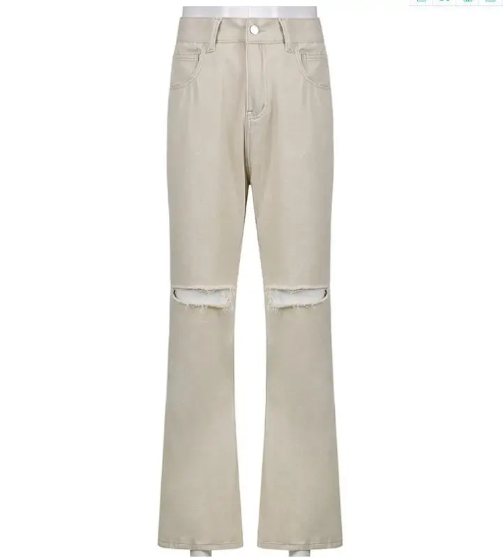 Wide Leg Pants with Hole Knees Pure Color High Waist