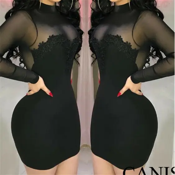2022 Women's Black Collar Dress Long Sleeve Geometric Evening Dress - Image 4