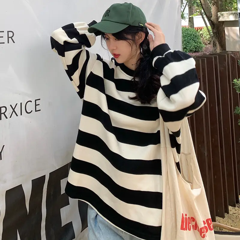 2022 Striped Long Sleeve Sweatshirt Women's Loose Fit - Image 6