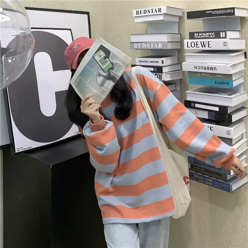 2022 Striped Long Sleeve Sweatshirt Women's Loose Fit — feature 10