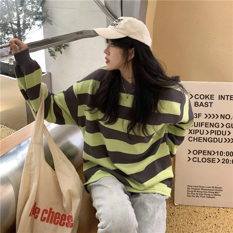 2022 Striped Long Sleeve Sweatshirt Women's Loose Fit — feature 18