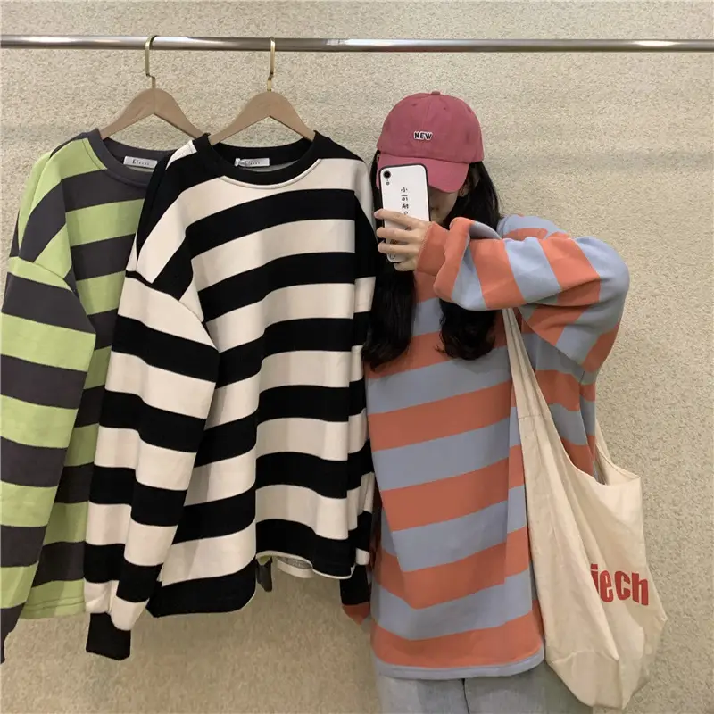 2022 Striped Long Sleeve Sweatshirt Women's Loose Fit — feature 5