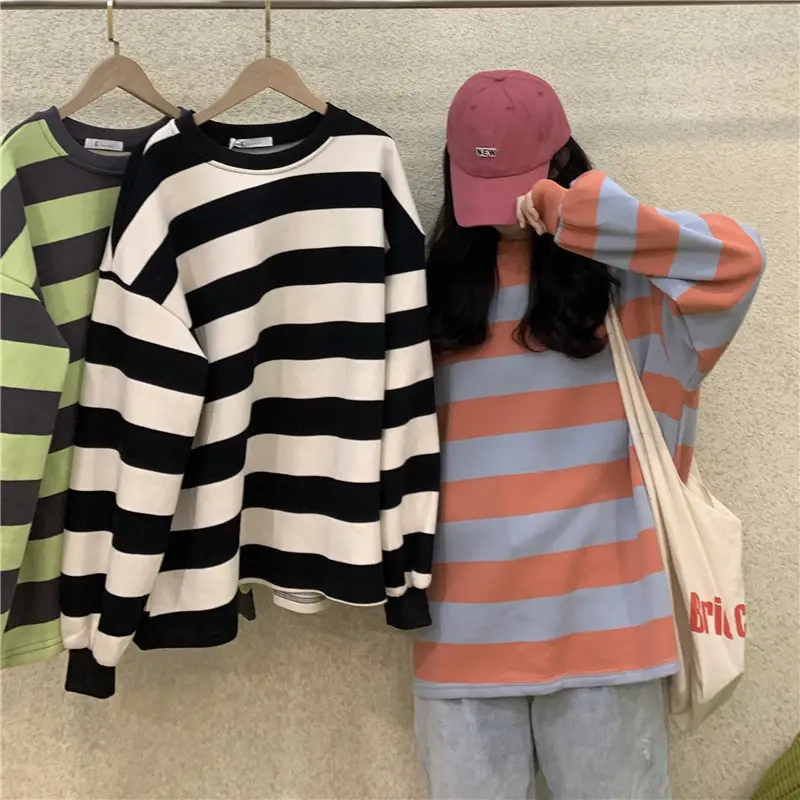 2022 Striped Long Sleeve Sweatshirt Women's Loose Fit — feature 7
