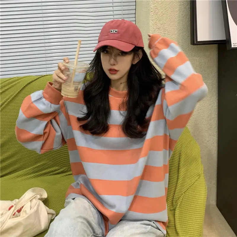 2022 Striped Long Sleeve Sweatshirt Women's Loose Fit — feature 8