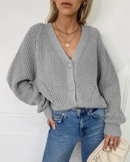 Black Button Knitted Women's V-Neck Cardigan - Image 3