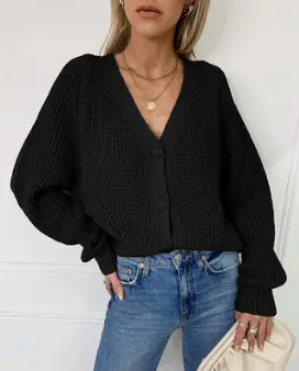 Black Button Knitted Women's V-Neck Cardigan - Image 4